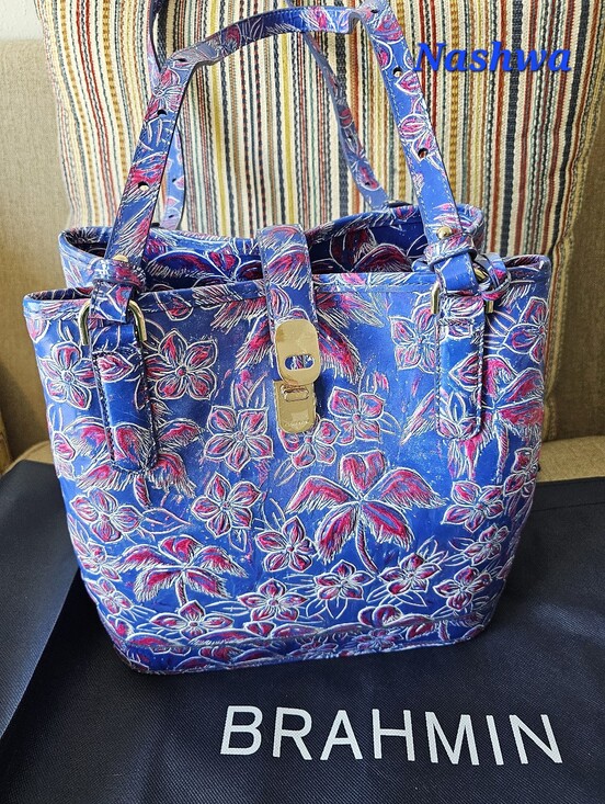Brahmin Handbags - Brahmin Fiora, Blue Floral Leather Tote with Pink & White Accents, NWT
